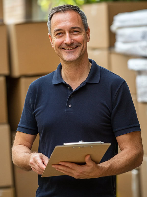 man in blue polo shirt smiling and holding a clipboard with boxes on his background