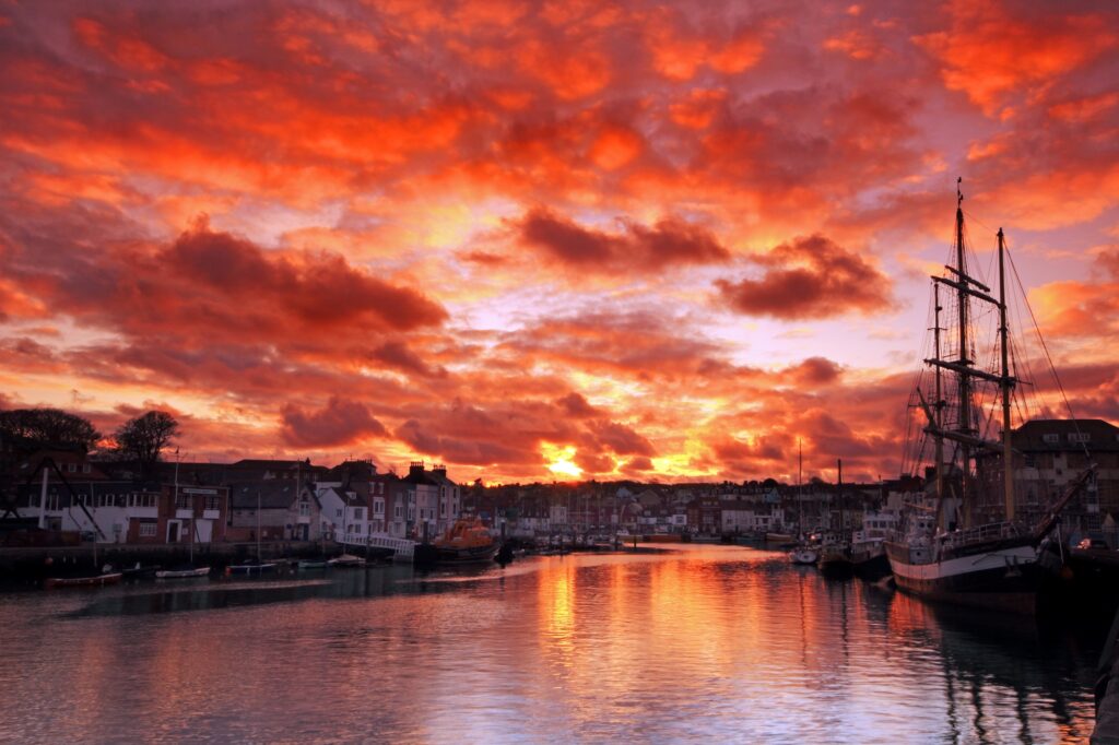 Houses at Weymouth Harbour in sunset