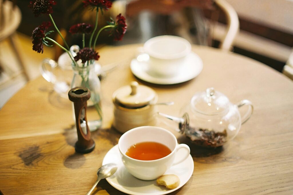 A table with tea in a tea shop