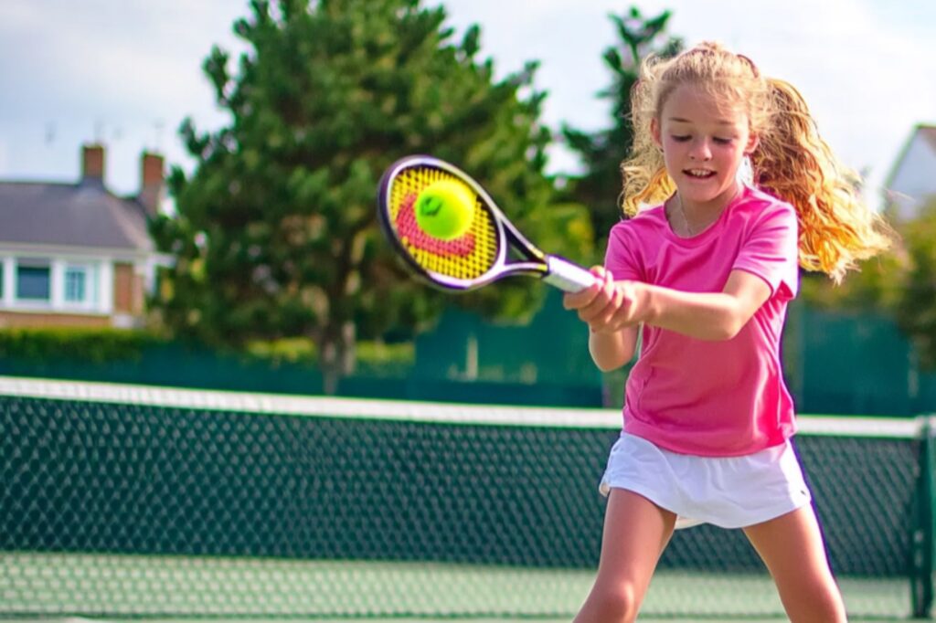 A young female student is playing tennis at the school's court