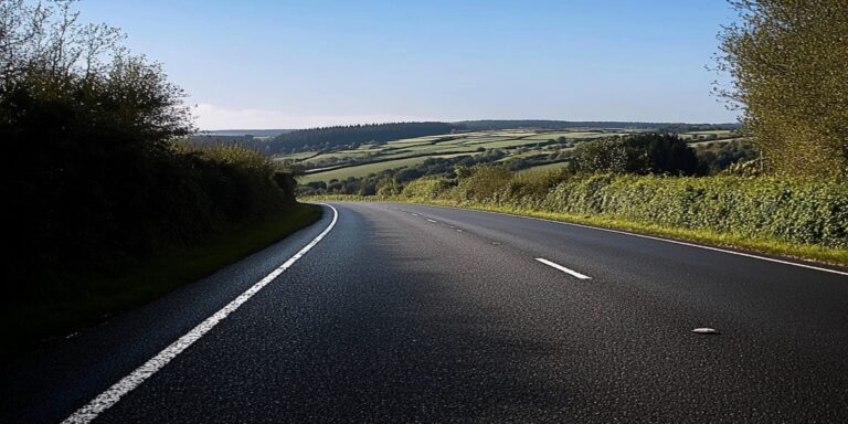 Empty two-lane road to Dorset, UK in the concept of "Can You Use a Man and Van Service for Long Distance Moves to Weymouth?'