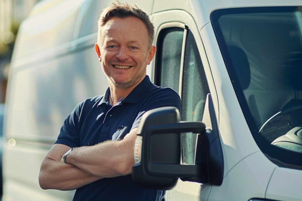 A smiling Man and Van at the side of the van on a moving day