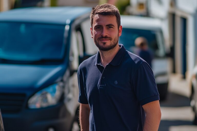 A man and van outside the van in the morning of a moving day in the concept of 'Advantages of Using a Man and Van Service'.