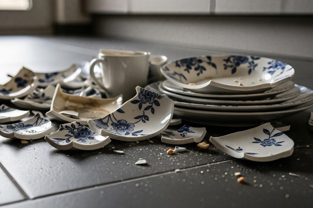 Close-up of broken dishware after unpacking
